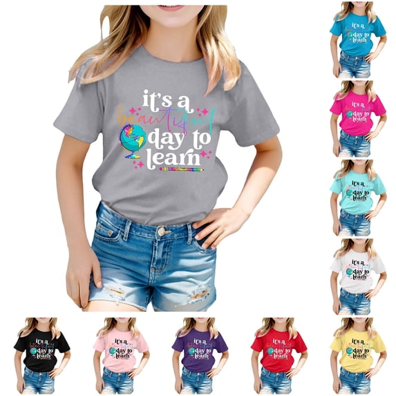 Glisme Girl Back To School T Shirts Teen Short Sleeve Crewneck Cartoon Prints Tee 10-11 Years Grey