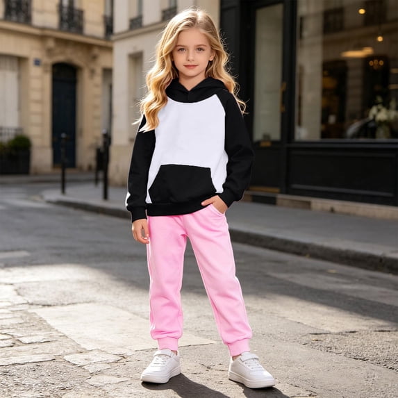 Glisme Girl Clothes Long Sleeve Outfits Round Neck Cartoon Pattern Hoodies Tops Pants Classic Big Girls Playsuit Black