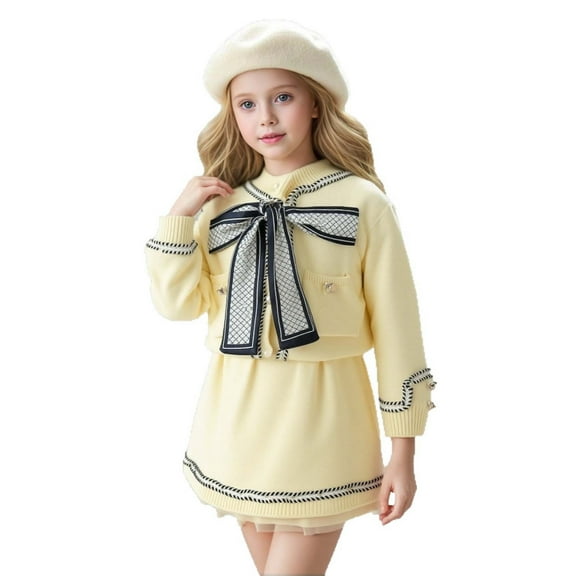Glisme Girl Outfits Elegant Knitwear Two Piece Autumn Winter Set Ribbon Bowknot Casual Party Wear Toddler Trend Girls Clothing Yellow Size 3-4 Years