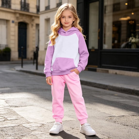 Glisme Girl Outfits Long Sleeve Round Neck Cartoon Pattern Hoodies Tops Pants Adorable Big Girls Playsuit Purple