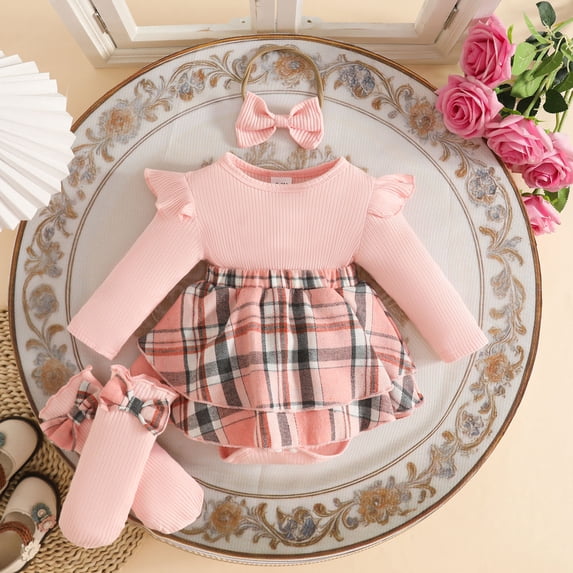 Glisme Girl Outfits O Neck Long Sleeve Cartoon Prints Bodysuits Dress Headbands Set Adorable Newborn Playsuit Pink