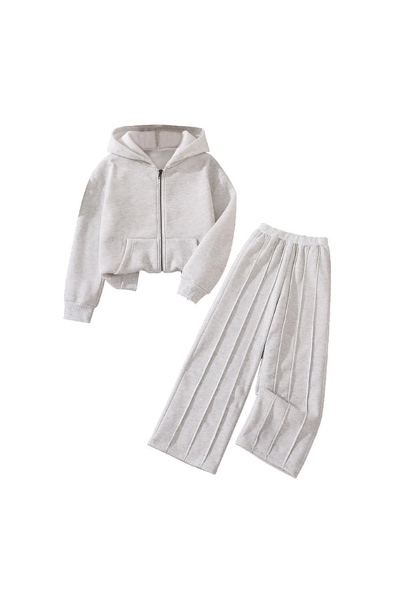 Girl Outfits Winter Warm Tracksuit For Cozy Hooded Zip Up Jacket With Casual Wide Leg Pants Lined Two Piece Set For Cold Weather Breathable Girls Clothing Light Gray Size 7-8 Years