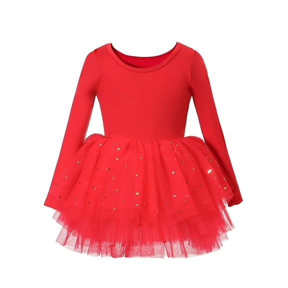 Glisme Girls Ballet Tutu Dress For Performance Long Sleeve Round Neck Chiffon Dance Sundress Elastic Waistband Spring Recital Versatile Girl Princess Dress Size 9-10 Years,Red