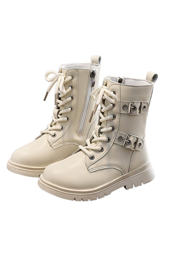 Girls Boots Fashion High Top Ankle Boots For Classic Leather Casual Wear Durable Sole Comfortable Youth Winter Design Trend Beige Boots Size 6.5-7 Years