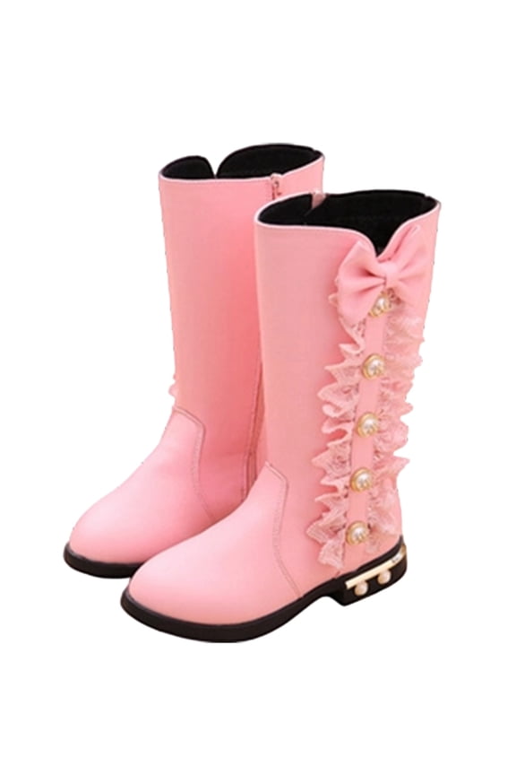 Girls Boots Lined Winter Boots Leather Mid Calf High Boots For Toddler Big Kids And Youth Trend Pink Boots Size 10.-10.5 Years