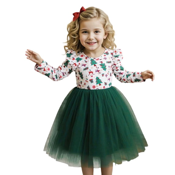 Glisme Girls' Christmas Dress O Neck Graphic Prints Xmas Dresses Short Sleeve Classic Toddler Playsuit 3-4 Years Green