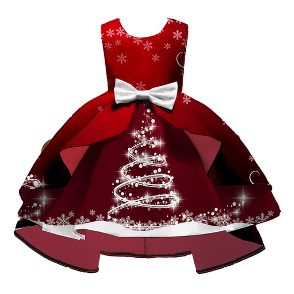 Glisme Girls Christmas Dress Round Neck Sleeveless Gown Cartoon Santa Snowman Prints Xmas Cute Toddler Daily Wear 4-5 Years Red