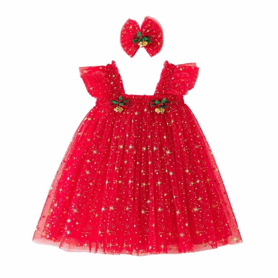 Glisme Girls' Christmas Dress Sleeveless Cartoon Pattern O Neck Xmas Dresses Adorable Little Girls Playsuit 5-6 Years Red