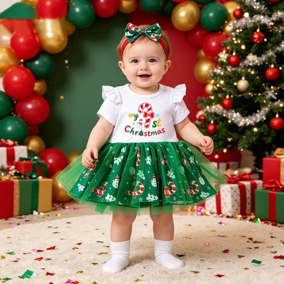 Glisme Girls Christmas Outfit Short Sleeve Cartoon Graphic O Neck Skirts With Headband Lovely Newborn Daily Wear White