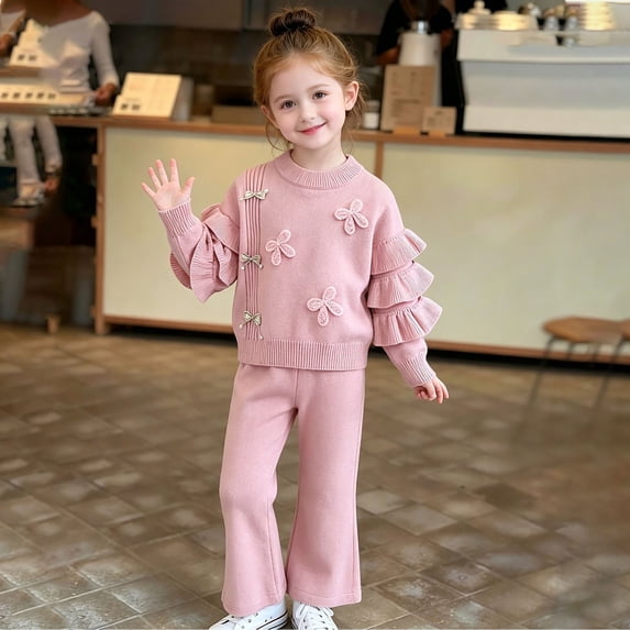 Glisme Girls Clothes Long Sleeve Outfits Tops Pants Round Neck Cartoon Pattern Two Piece Set Cute Little Girls Playsuit Pink