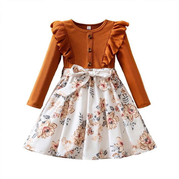 Glisme Girls Dress Autumn Winter Long Sleeve Crewneck Flowy Gown Bow Floral Printed Fashion Toddler Clothes 2-3 Years Brown
