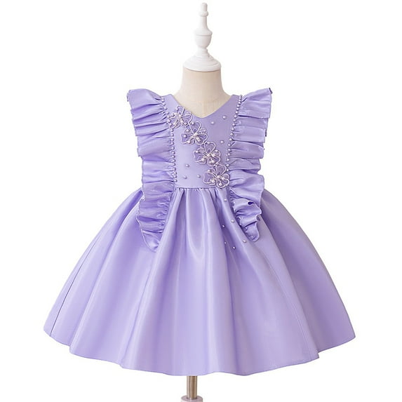 Glisme Girls Dress Casual Flutter Sleeve Beaded Sundress For School Outdoor Leisure Princess Dress For Girl Size 3-4 Years,Purple