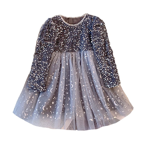 Glisme Girls Dress O Neck Cartoon Pattern Long Sleeve Dresses Classic Toddler Daily Wear 18-24 Months Grey