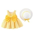 thumbnail image 1 of Glisme Girls Dresses Baby Kids Sleeveless Bow Plaid Print Dress+Hat Set Outfit Light Yellow Sundress Size 3-4 Years, 1 of 3