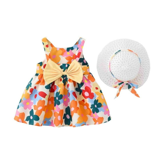 Glisme Girls Dresses Baby Tutu Dress Summer Sleeveless Backless Birthday Party Dresses Flower Bow Sunress With Straw Hat Set Orange Sundress Size 1-2 Years