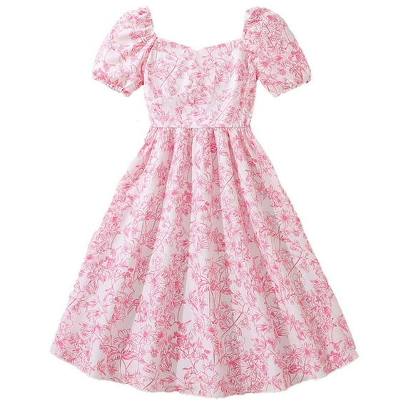 Glisme Girls Dresses Big Child Puffed Sleeve French Floral Style Waist Dress Pink Sundress Size 11-12 Years