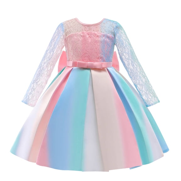 Glisme Girls Dresses Child Bowknot Multicolor Pageant Dress Birthday Party Kids Lace Rainbow Gown Dress Sweet Sundress Size 11Y-12Y