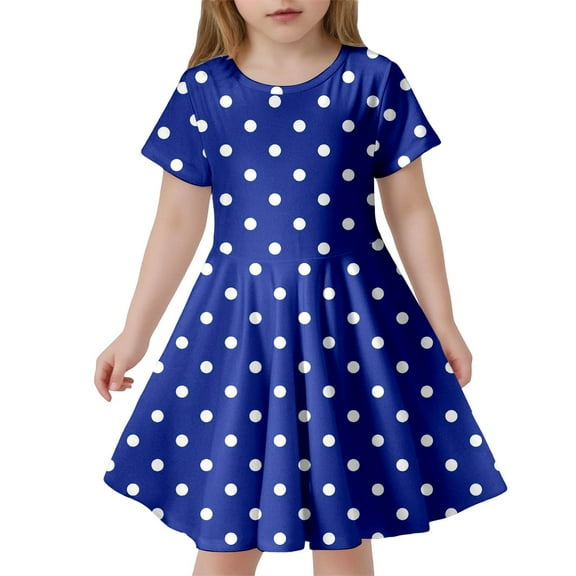 Glisme Girls Dresses Children'S Fashion Polka Dot Print Slim Short Sleeved Dress Blue Sundress Size 8-9 Years