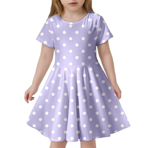 Glisme Girls Dresses Children'S Fashion Polka Dot Print Slim Short Sleeved Dress Light Purple Sundress Size 6-7 Years