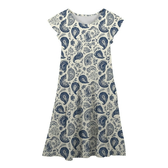 Glisme Girls Dresses Children'S Long Line Dress With Round Neck And Pleated Hem Featuring Leaf Sleeves And A Full Print Of Cashew Flowers Blue Sundress Size 12-13 Years