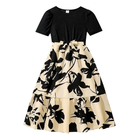 Glisme Girls Dresses Elegant Dress With Floral Print And Round Neck Exotic Holiday Style Black Sundress Size 7-8 Years