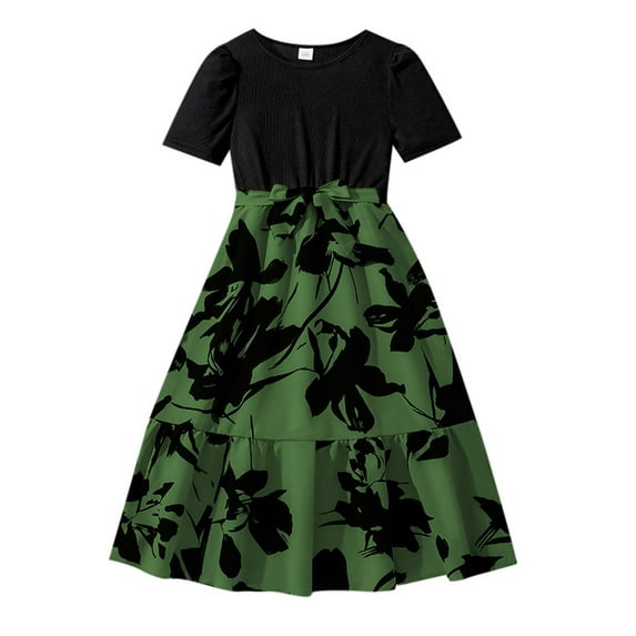 Glisme Girls Dresses Elegant Dress With Floral Print And Round Neck Exotic Holiday Style Green Sundress Size 11-12 Years