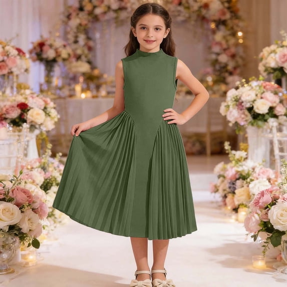 Glisme Girls Dresses Elegant Long Dress With Pleated Skirt And Sleeveless Design For Summer Formal Occasions And Party Dress Army Green Sundress Size 8-9 Years