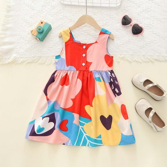 Glisme Girls Dresses Geometric Color Block Button Up Sleeveless Dress Kids' Casual Summer Dress Multicolour Sundress Size 12-18 Months