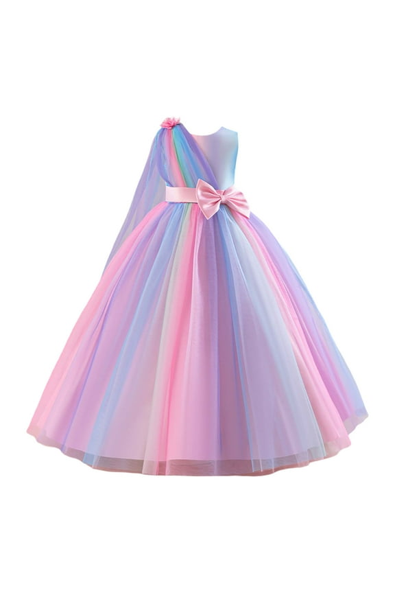 Girls Dresses Gradient Rainbow Long Sleeve Party Dress With Floral Appliques Elegant Pageant Gown For Birthday & Dance Celebration Pink Sundress Size 9-10 Years