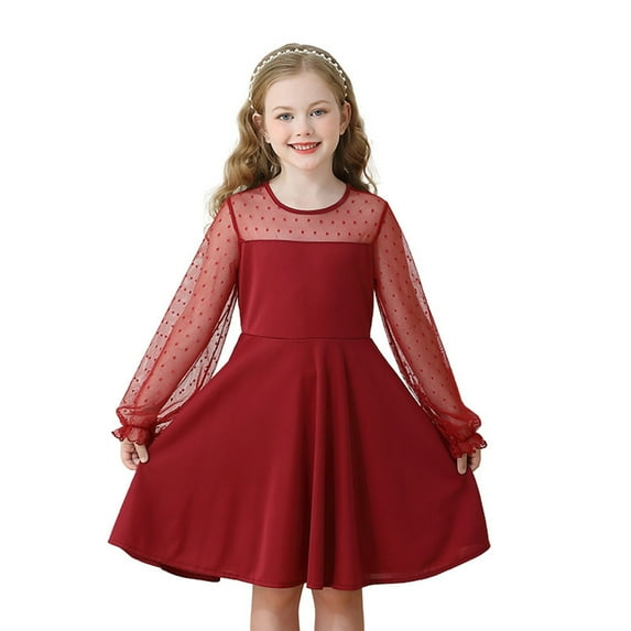 Glisme Girls Dresses Lace Long Sleeve Solid Color Cute Dress Red Sundress Size 14 -15