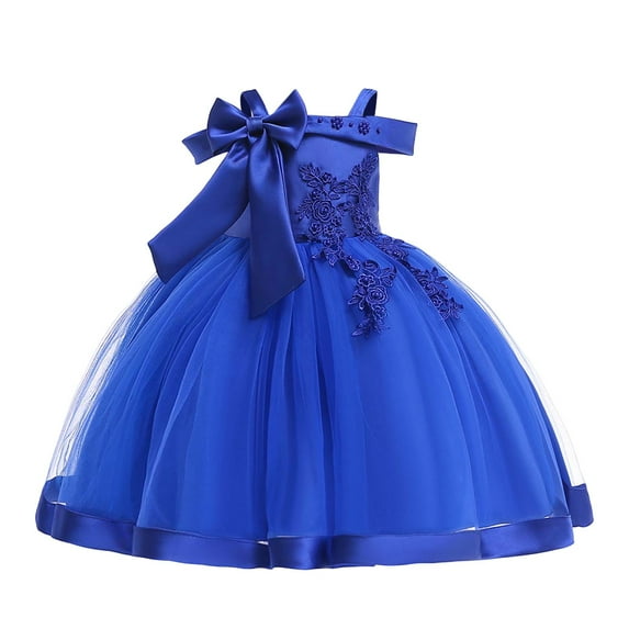 Glisme Girls Dresses Off Shoulder Bow Evening Gown Pageant Dress For Birthday Parties & Stage Performances Blue Sundress Size 3-4 Years