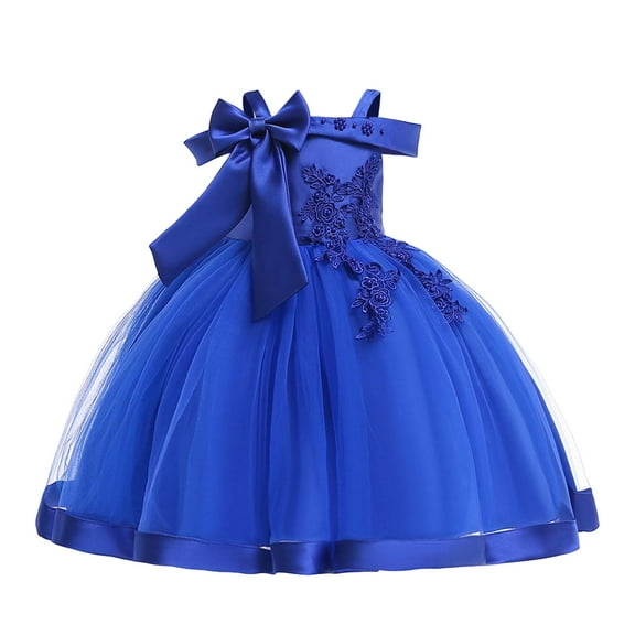 Glisme Girls Dresses Off Shoulder Bow Evening Gown Pageant Dress For Birthday Parties & Stage Performances Blue Sundress Size 3-4 Years