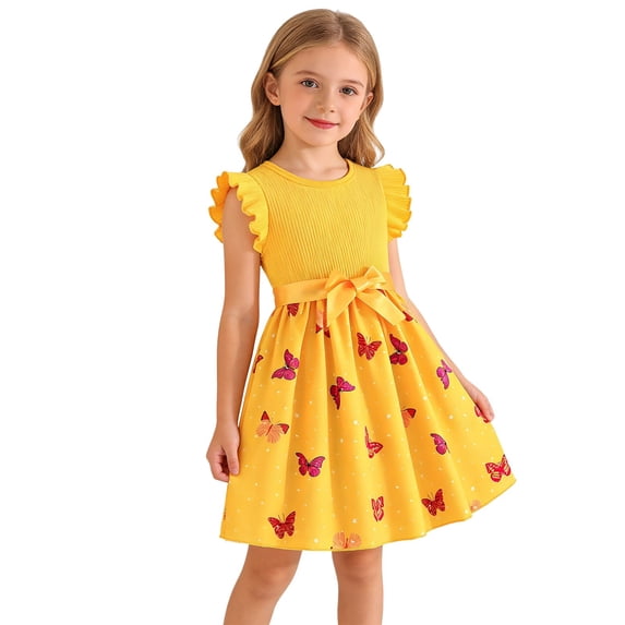 Glisme Girls Dresses Ribbed Sleeveless Summer Dress With Print Flowy Dress For Toddler Yellow Sundress Size 5-6 Years