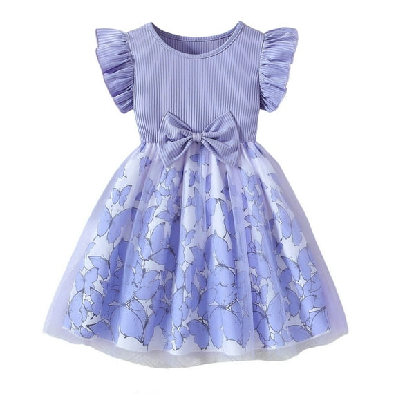 Glisme Girls Dresses Size 18-24 Months Summer Flutter Sleeve Bow Knot Floral Print Mesh Layered Casual Party Dress Purple Sundress