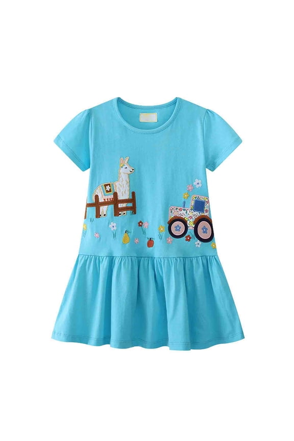 Girls Dresses Size 2-3 Years Cartoon Tractor & Sheep Embroidered Summer Round Neck Short Sleeve Dress Sky Blue Sundress