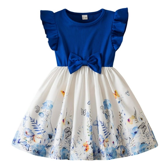 Glisme Girls Dresses Toddler Children Butterfly Sleeves Cartoon Prints Party Dresses Blue Sundress Size 9-12 Months