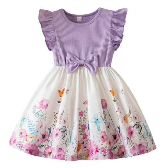 Glisme Girls Dresses Toddler Children Butterfly Sleeves Cartoon Prints Party Dresses Purple Sundress Size 12-18 Months