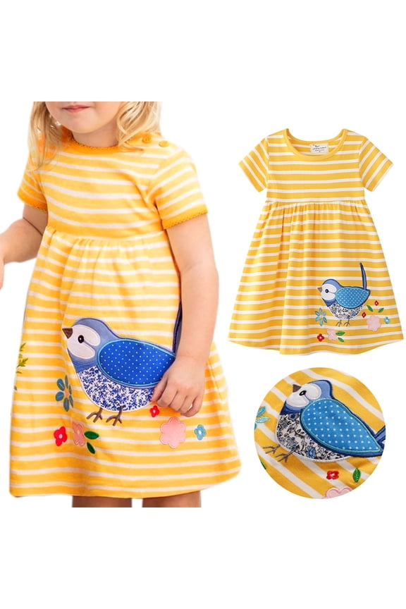 Girls Dresses Toddler Summer Bird Print Dress Short Sleeve Casual Dress With Floral Embroidery Yellow Sundress Size 5-6 Years