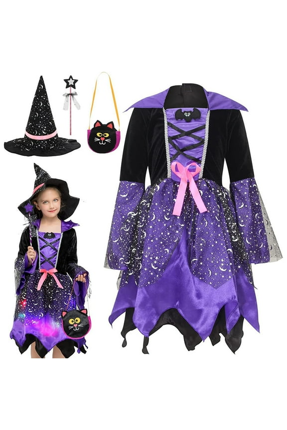 Girls Halloween Dresses Witch Dress Up Set Party Fancy Sundress With Hat Fairy Stick And Tote Bag Trend Girl Princess Dress Size 3-4 Years,Purple