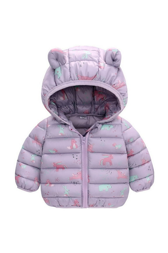 Girls Jacket Coat Windproof Toddler Jacket Winter Dinosaur Warm Cartoon Hooded Coat&Jacket Regular Fit Outerwear Everyday Wear Size 6-12 Months Purple