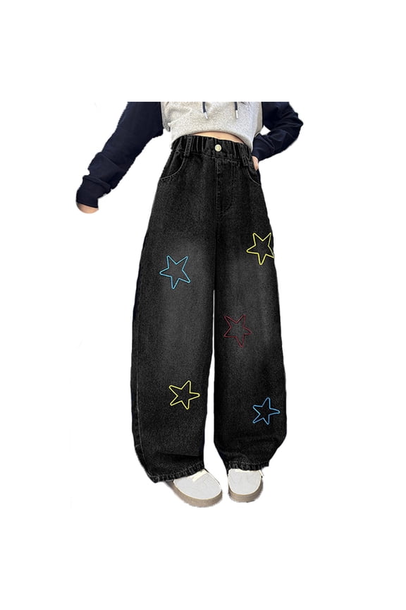 Girls Jeans Star Print Denim Pants Autumn Casual For Teenagers Comfortable Stretchy Skinny Pants Leisure Trousers Size 6-7 Years Black