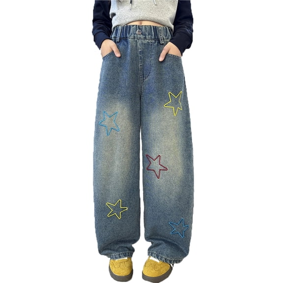 Glisme Girls Jeans Star Print Denim Pants Autumn Casual For Teenagers Comfortable Stretchy Skinny Pants Stylish Trousers Size 3-4 Years Blue