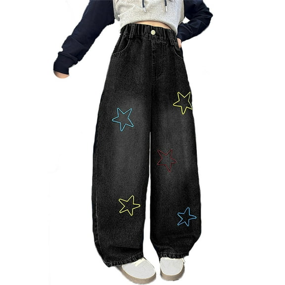 Glisme Girls Jeans Star Print Denim Pants Autumn Casual For Teenagers Comfortable Stretchy Skinny Pants Trend Trousers Size 3-4 Years Black