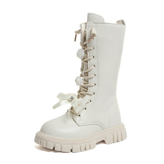 Glisme Girls Knee-High Boots Fashion Autumn Winter Flat Thick Bottom Non Slip Pu Upper Lace Up Leather Boots Cozy Beige Boots Size 4-4.5 Years