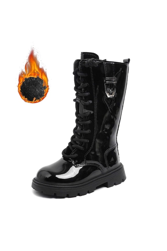 Girls Knee-High Boots Fashion Autumn Winter Flat Thick Bottom Non Slip Pu Upper Lace Up Leather Boots Leisure Black Boots Size 3.5-4 Years