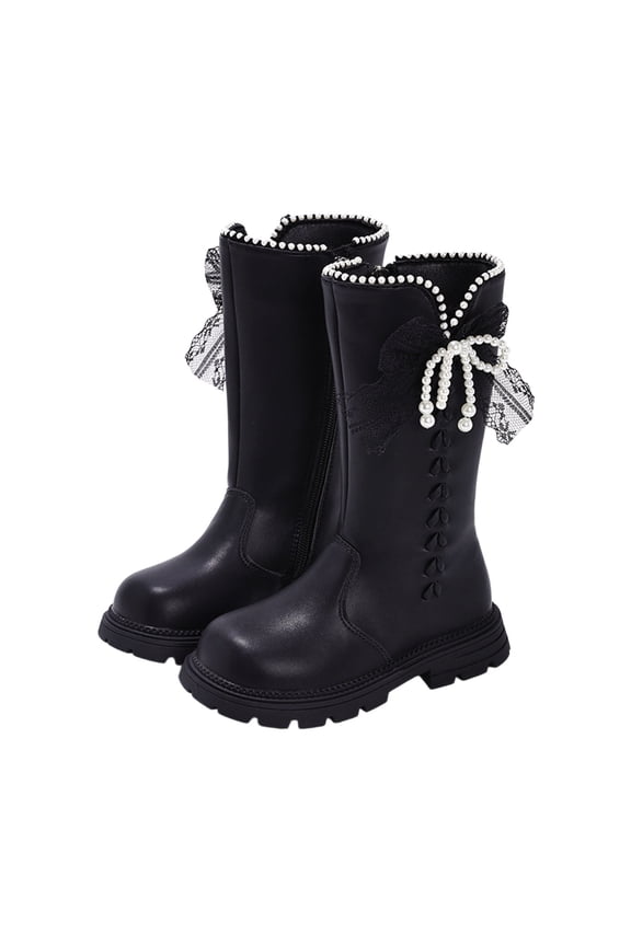 Girls Knee-High Boots Fashion Autumn Winter Flat Thick Bottom Non Slip Pu Upper Lace Up Leather Boots Trend Black Boots Size 4-4.5 Years