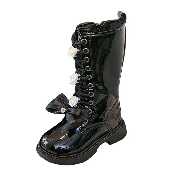 Glisme Girls Knee-High Boots Fashion Flat Boots Comfortable Soft Sole Bow Leather Boots Trend Black Boots Size 2-2.5 Years