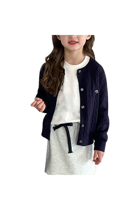 Girls Knit Cardigan Sweater With Embroidery Casual Front Top For Toddler To Teen Soft Comfortable Outfit Navy Cool Fit Tee Size 9-10 Years