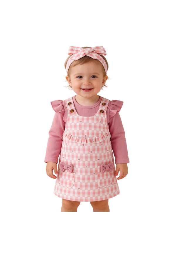 Girls Outfit Baby Corduroy Pinafore Dress Long Sleeve Bodysuit Bandana 3 Piece Outfits For Toddler Photoshoot Trend Matching Set Size 0-3 Months Pink