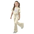 thumbnail image 1 of Glisme Girls Outfit Casual Bow Short Sleeve Top And Flare Pants Comfy Two Piece Set Playwear Breathable Matching Set Size 9-10 Years Beige, 1 of 5